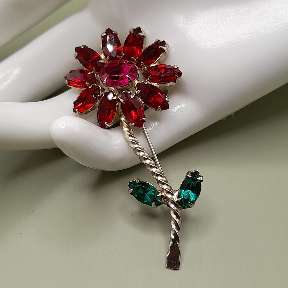 Vintage Weiss Style Red Rhinestone Flower Brooch Green Leaves